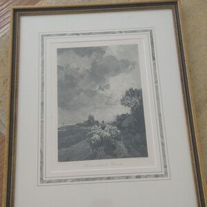 Antique framed lithograph gravure German pastoral print sheep Hanfstaengi 15x 19
